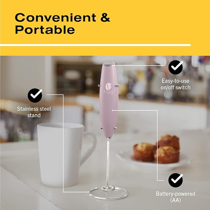 Bean Envy Milk Frother Handheld for Coffee - Electric Hand Blender, Mini Drink Mixer Whisk & Coffee Foamer Wand with Stand for Lattes, Cappuccino, Matcha and Hot Chocolate - Kitchen Gifts - Pink