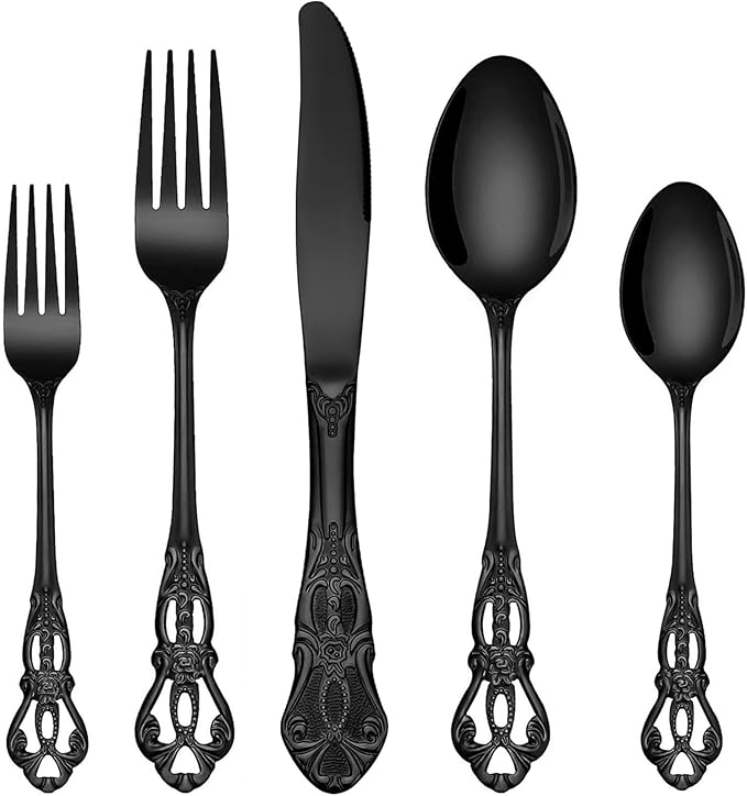 EUIRIO 30 Pieces Royal Silverware Set for 6, Retro Gorgeous Black Flatware Set, Premium Stainless Steel Vintage Cutlery Set with Forks Spoons and Knives, Dishwasher Safe