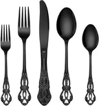 EUIRIO 30 Pieces Royal Silverware Set for 6, Retro Gorgeous Black Flatware Set, Premium Stainless Steel Vintage Cutlery Set with Forks Spoons and Knives, Dishwasher Safe