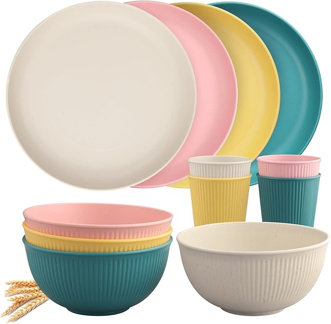 Tanice Plastic Dinnerware Set, 12PCS Outdoor Plates and Bowls Sets, Kids Dinnerware Set for 4, Plastic Dishes Set with Pltaes, Bowls, Cups for Kitchen, Outdoor Camping