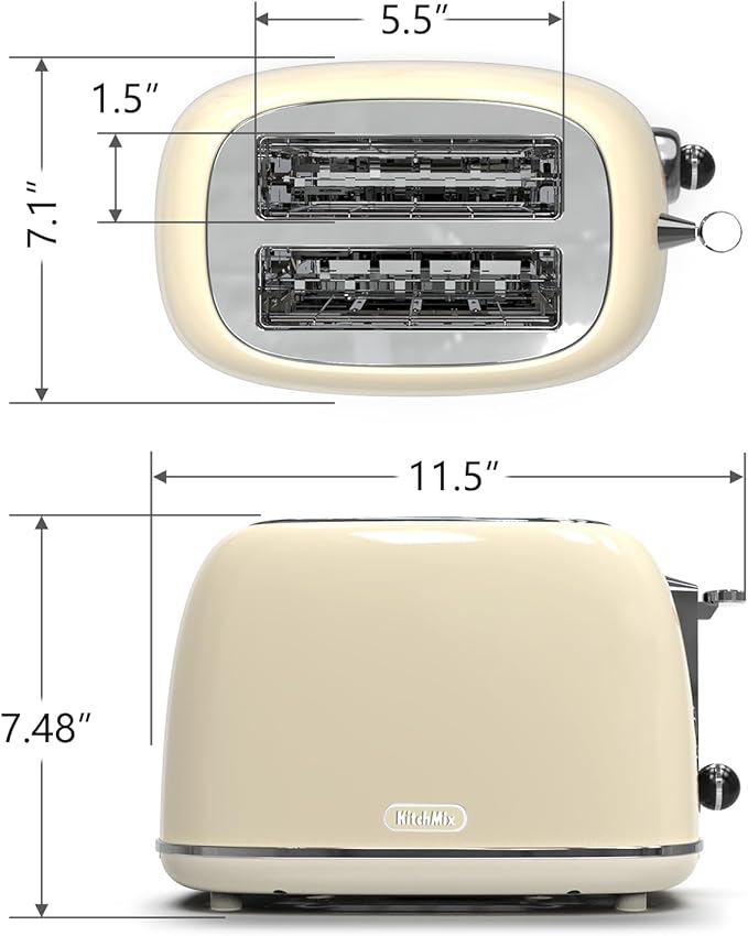 Toaster 2 slice, KitchMix Retro Stainless Steel Toaster with 6 Settings, 1.5 In Extra Wide Slots, Bagel/Defrost/Cancel Function, Removable Crumb Tray (Cream)