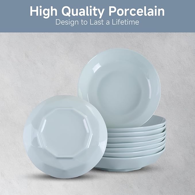 Small Pasta Bowls Set of 8, 16 Oz, 8 inch,Salad bowls, Ceramic bowls, Microwave & Dishwasher Safe, Light Colored Diamond-cut Edge