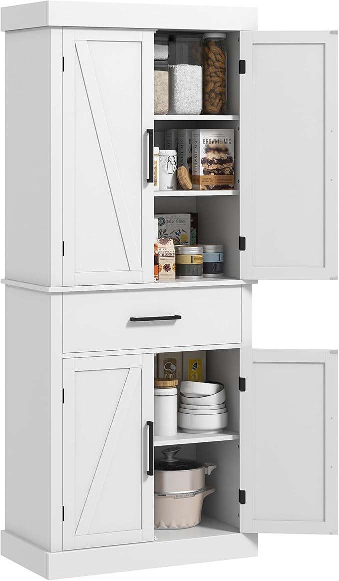 HOMCOM 72" Tall Kitchen Pantry Cabinet with Adjustable Shelves, Farmhouse Storage Cabinet with Barn Doors, Drawer and 5-Tier Shelf, Freestanding Cupboard, White