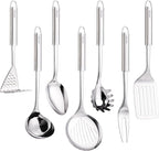 Stainless Steel Cooking Utensils 7PCS Kitchen Utensils Set, Heat Resistant Handle Utensils Set Included Ladle, Meat Fork, Slotted Spatula, Pasta Fork, Masher, Solid Spoon, Skimmer Spoon