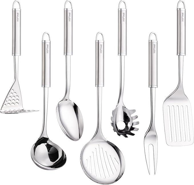 Stainless Steel Cooking Utensils 7PCS Kitchen Utensils Set, Heat Resistant Handle Utensils Set Included Ladle, Meat Fork, Slotted Spatula, Pasta Fork, Masher, Solid Spoon, Skimmer Spoon