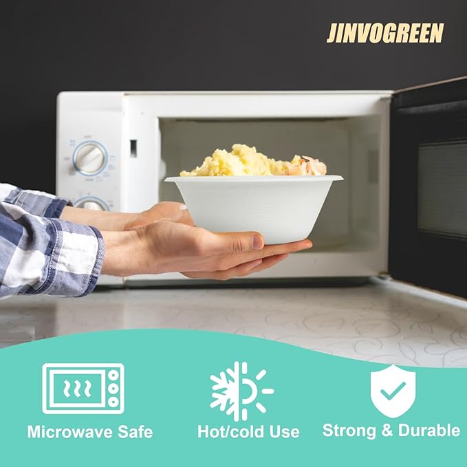 100 Count 12 oz Paper Bowls, Disposable Compostable Bowls, Heavy Duty Biodegradable Bagasse Bowl for Snacks, Soup, and Salads, White