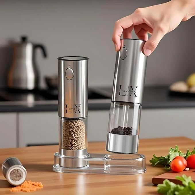 Automatic Salt and Pepper Grinder Set – Rechargeable Stainless Steel Mills with Adjustable Coarseness, One-Handed Operation, LED Light & Storage Base