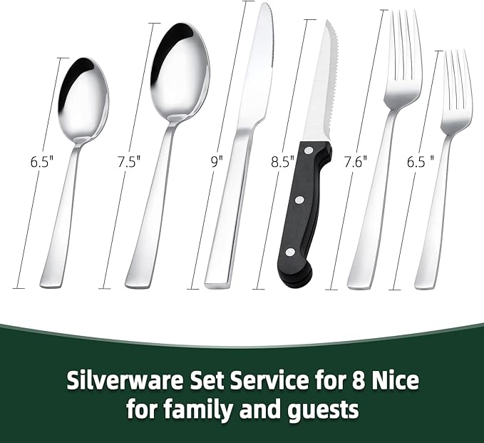 48-Piece Silverware Set, CEKEE Stainless Steel Flatware Set for 8 with Steak Knives, Mirror Polished Kitchen Utensils Set, Tableware Cutlery Set for Home, Dishwasher Safe - Spoons and Forks Set