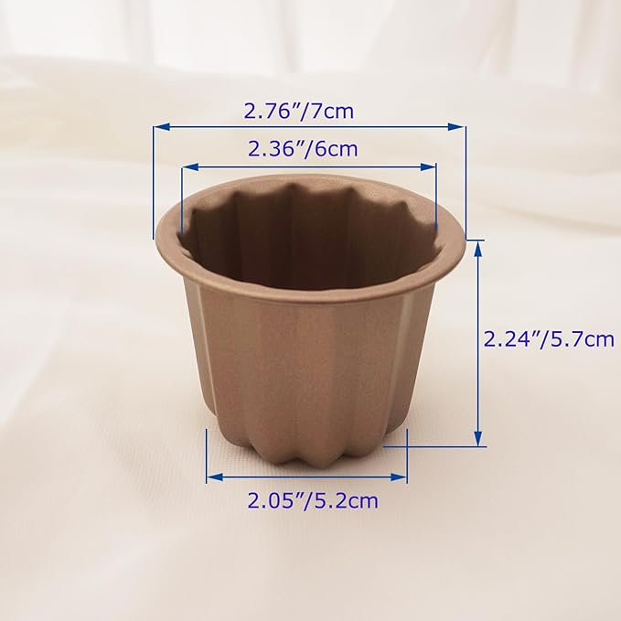 Set of 4 Nonstick Canele Molds, Mini Lace Canele Mold, Individual Washable Carbon Steel Canelle Pastry Molds, Popover Muffin Cupcake Pans for Oven Baking - 2.8 Inch, Gold