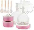 20pcs Ceramic Cookware Set Nonstick, Detachable Handle Pots and Pans Set, Non Toxic,No PFAS & PTFE & PFOA, Dishwasher/Oven Safe, RV Kitchen Set Removable Handle for Cooking, Pink