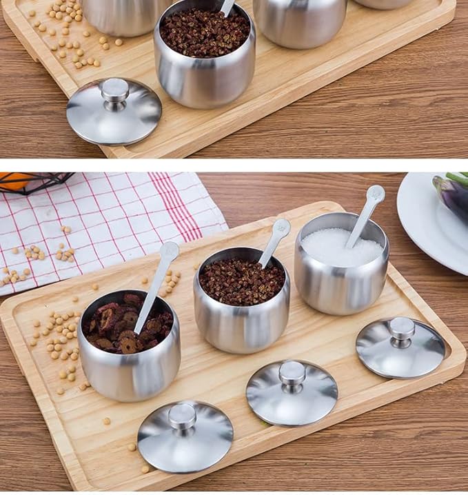 TENT TENTA KITCHEN 18/8 Stainless Steel Seasoning Containers Set Spice Jar Spice Rack Condiment Cruet Bottle Salt Pepper Sugar Storage Organizers with 3 Serving Spoons And Non-slip Base
