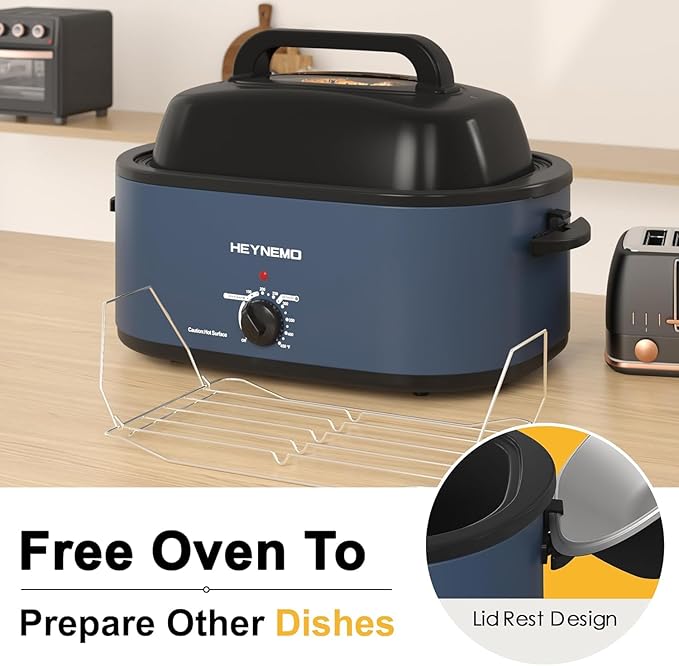 Roaster Oven 28 Quart, Electric Roaster Pan with Visible & Self-Basting Lid, Large Stainless Steel Electric Turkey Roaster Oven Defrost Warm Function, Removable Pan Rack, Fits Turkeys Up to 30LB, Blue