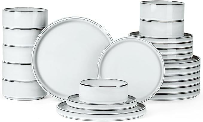 Dinnerware Dishes Sets for 8, Onader Stoneware Plates and Bowls with Unglazed Terracotta Bottom, Ceramic Kitchen Dinner Dish Set, 24 Piece - Glacier White
