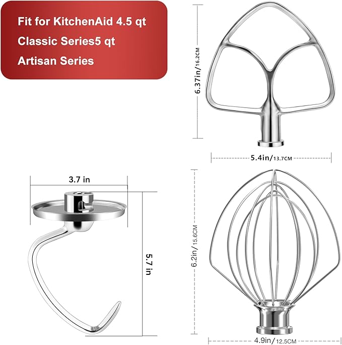 Stainless Steel Stand Mixer Attachments 3-Piece (4.5-5QT Flat Beater, 4.5-5QT Dough Hook, K45WW 6-Wire Whip Attachment) for KitchenAid Tilt-Head Stand Mixer and 4.5-5 Quart Bowl, Dishwasher Safe