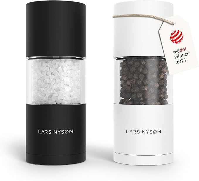 LARS NYSØM Salt and Pepper Grinder Set I Salt and Pepper Mills with Adjustable Ceramic Grinder 2 pieces I Manual Design Spice Mill Set (Black/White)