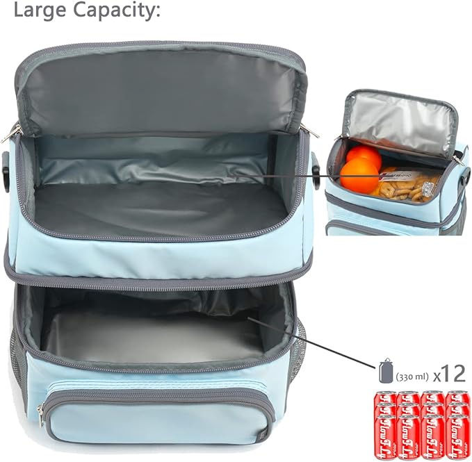 FlowFly Double Layer Cooler Insulated Lunch Bag Adult Lunch Box Large Tote Bag for Men, Women, With Adjustable Strap,Front Pocket and Dual Large Mesh Side Pockets