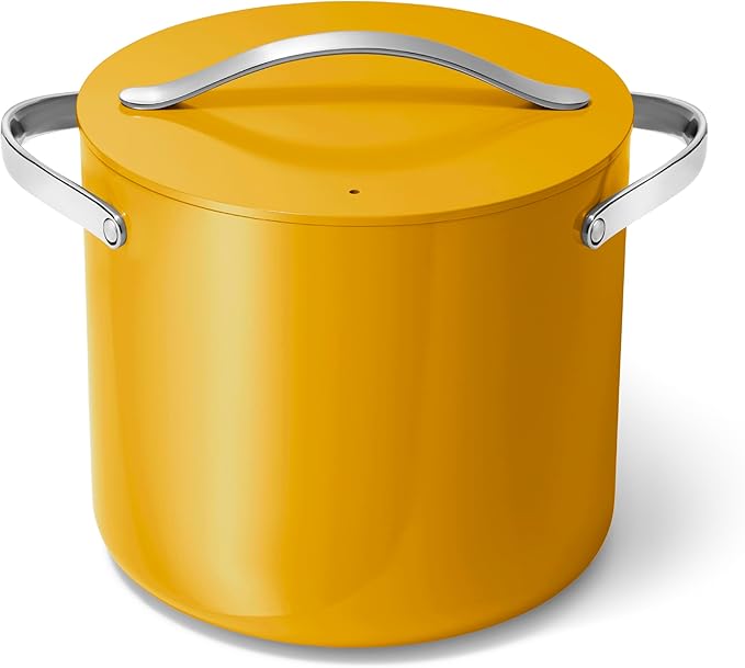 Caraway Stock Pot - 12 Qt Ceramic Coated With Lid - Free From Forever Chemicals - Large for Bigger Batches - Marigold