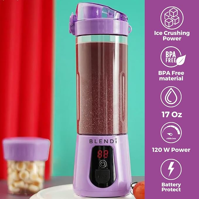 BLENDi Pro+ Portable Blender (17.5oz, Purple) – Powerful Ice Crushing 120W Motor, USB-C Rechargeable, Cordless Personal Blender Smoothies, Shakes & More – BPA-Free, Self-Cleaning, Travel-Friendly