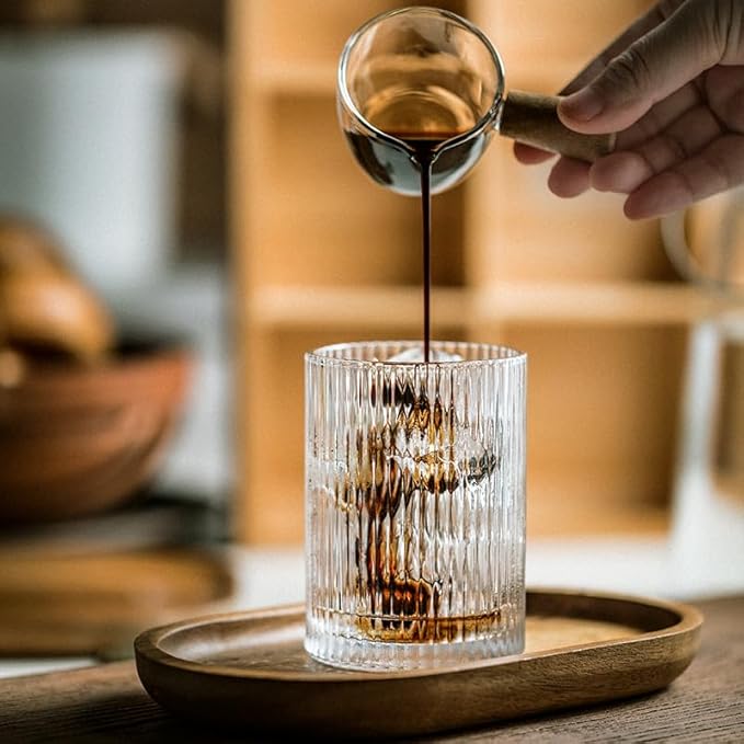 Drinking Glasses with Origami Style Set of 4 Glass Cups, 9oz Ribbed Glassware, Art Deco Drinking Glass, Elegant Ripple Vintage Glassware, Ideal for Cocktail, Whiskey, Soda, Juice