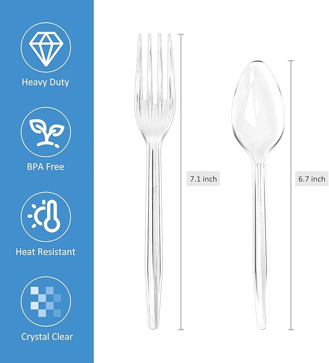 100 Count Plastic Silverware, Heavy Duty Plastic 50 Forks & 50 Spoons Disposable Utensils Cutlery Set for Party Supplies