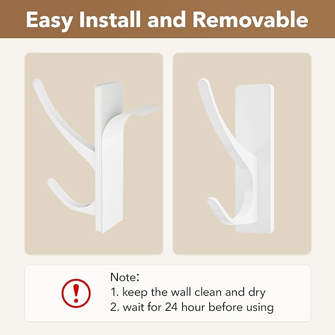 White Self Adhesive Coat Hooks for Hanging, Heavy Duty Stainless Double Wall Hook for Towel, Backpack, Hat, Sturdy Metal Hanger for Bathroom, Bedroom, Door, Wall Mounted, 4-Pack