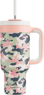 40 oz Camo Tumbler with Handle, 2-in-1 Straw and Sip Lid, Leakproof, Dishwasher Safe, Insulated Stainless Steel Travel Coffee Mug, Keeps Cold for 34 Hours, Fits in Car Cup Holder (Rose Dappled)
