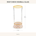 MACKENZIE-CHILDS Highball Glasses, Tall Drinking Glasses with Gold Rims, 15 Ounces, Set of 2, Pink-and-White Rosy Check