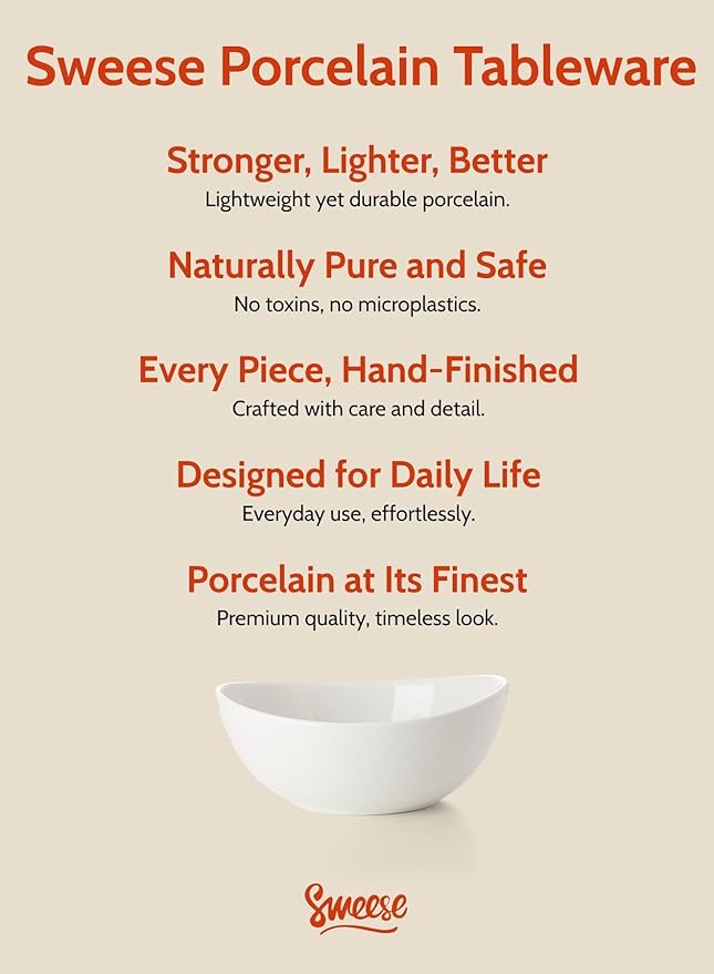 Sweese Porcelain Bowls Set of 4-18oz, 6 Inch, Versatile for Soup, Cereal, Fruit, Rice - Microwave, Dishwasher, Oven Safe, White