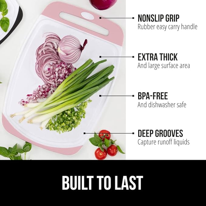 GORILLA GRIP BPA-Free Reversible Kitchen Cutting Board Set of 3, US Designed, Nonporous, Juice Grooves Catch Liquid, Slip Resistant Border, Dishwasher Safe, Durable Large Food Chopping Boards, Pink