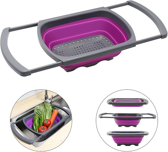 Qimh Collapsible Colander, Kitchen Colander Set Over Sink Strainer Veggies/Fruit Colanders Strainers with Extendable Handles, Dishwasher Safe Folding Strainer for Kitchen, 6-Quart, BPA Free