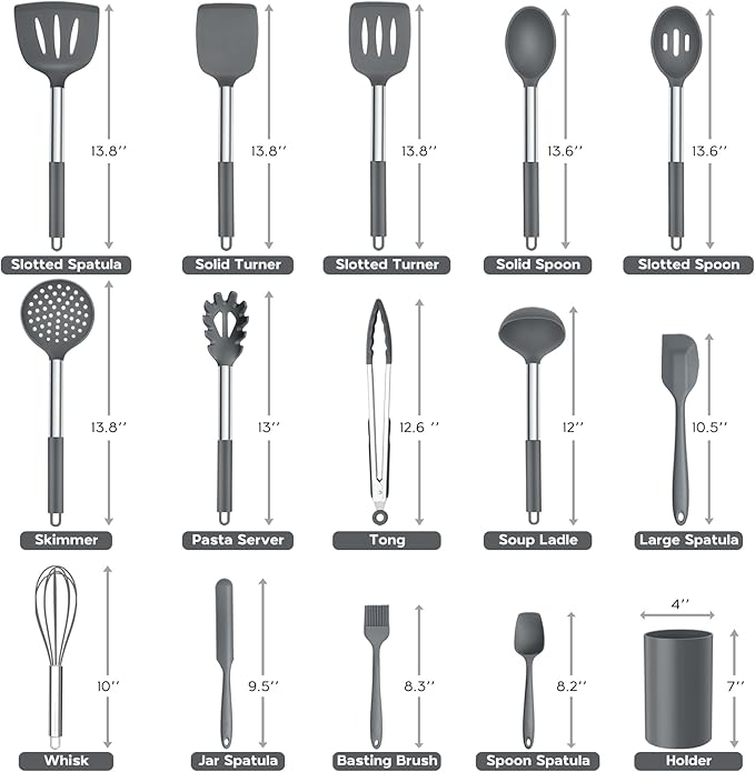Kitchen Cooking Utensils Set of 15, Silicone and Stainless Steel Utensils Spatula Set with Holder, Heat Resistant & Dishwasher Safe - Grey