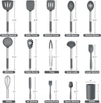 Kitchen Cooking Utensils Set of 15, Silicone and Stainless Steel Utensils Spatula Set with Holder, Heat Resistant & Dishwasher Safe - Grey