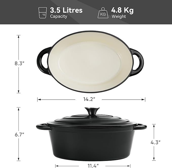 Oval Dutch Oven for Bread Baking, 4.5 Quart Non Stick Enameled Cast Iron Dutch Oven Pot with Lid, Oven Safe Oval Casserole with Lid up to 500°F for Baking, Braising, Stews, Roasting (Black)