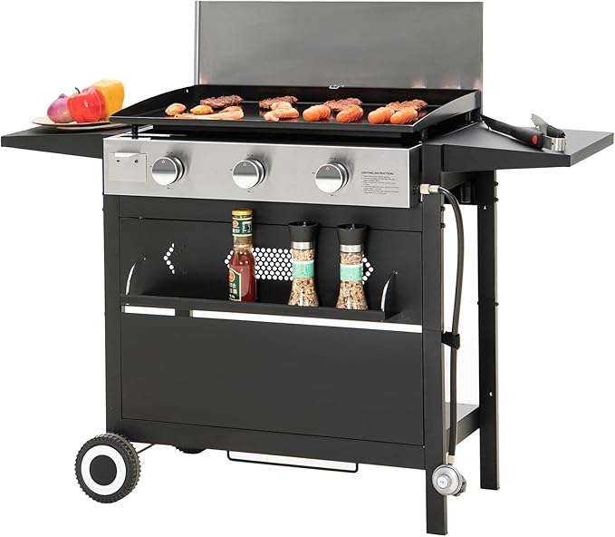 Sophia & William 28-Inch Flat Top Grill with Ceramic Coated Cast Iron Griddle, 3-Burner Propane Gas BBQ Griddle, Portable Outdoor Barbecue Grill,33,000 BTU,Black