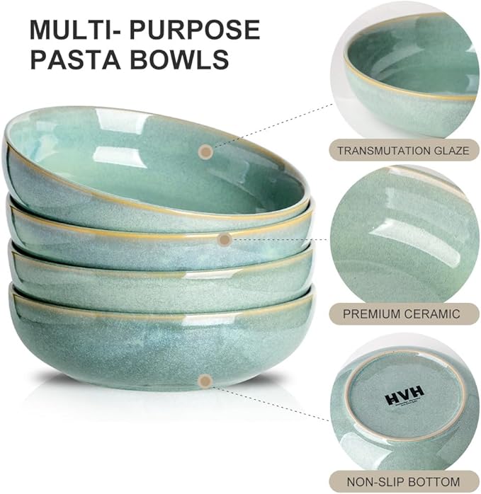 HVH 8.5 inch Large Pasta Bowls Set of 4, 46oz Big Salad Bowl Set of 4, Shallow Bowls, Dinner Bowls Set, Ceramic Bowls Set Microwave and Dishwasher Safe, Smooth glaze (Turquoise)
