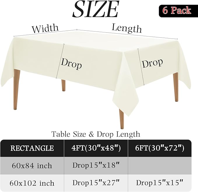 WIGENIUS 6 Pack Ivory Table Cloth Rectangle 60x84 Inch Polyester Tablecloths for 5ft Rectangle Tables - Reusable Wrinkle Resistant Washable Cloth Cover for Wedding Banquet Party | Hemmed Edges