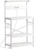 SUPERJARE Bakers Rack with Power Outlets, Microwave Stand, 31.5 X 16.5 Inch Larger Desktop, Kitchen Storage Rack with Adjustable Middle Shelf, 6 S-Shaped Hooks, Coffee Bar Stand, White