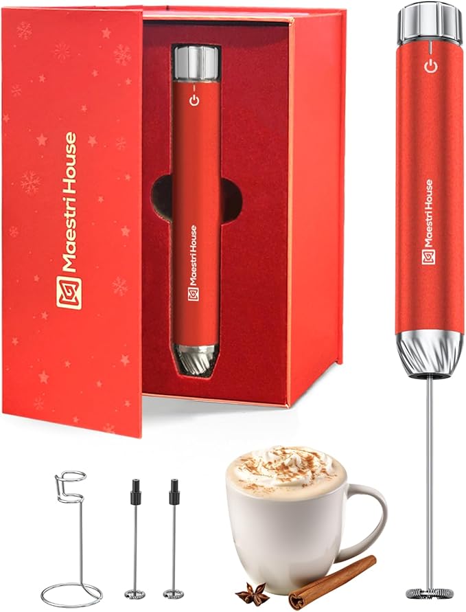 Maestri House Rechargeable Milk Frother with Stepless Speed Control, Handheld Electric Foam Maker Waterproof Drink Mixer Foamer with Stainless Steel Stand & Whisks (Santa Red (Gift Box))