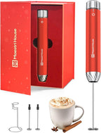 Maestri House Rechargeable Milk Frother with Stepless Speed Control, Handheld Electric Foam Maker Waterproof Drink Mixer Foamer with Stainless Steel Stand & Whisks (Santa Red (Gift Box))