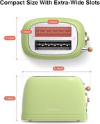 CROWNFUL 2-Slice Toaster, Extra Wide Slots Toaster, Retro Stainless Steel with Bagel, Cancel, Defrost, Reheat Function and 6-Shade Settings, Removal Crumb Tray, Green