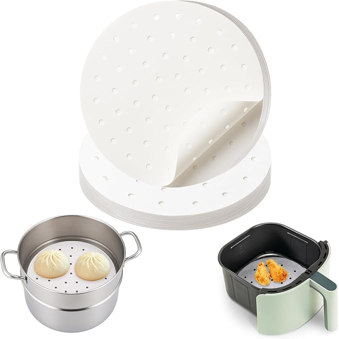 100 PCS Non-Stick Bamboo Steamer Paper, 10" Round Liners with Holes for Steamer Basket, Air Fryer, Bamboo Steamers, and Oven Use