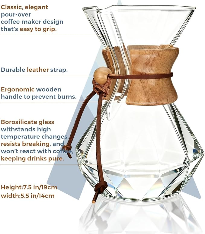 AGOGO Pour Over Coffee Maker Glass - 6/8/10 Cup Barista Kit with 304 Stainless Filter for Home, Office, Camping, Cafes - Easy Clean Coffee Dripper Set (Rag&Brush Included) (8 Cup/28 oz-Diamond Shape)