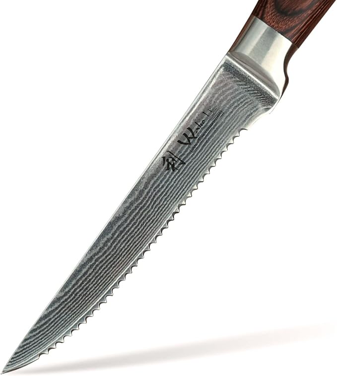 Wakoli EDIB 4-Piece Steak Knife Set – Japanese Style Dining Knives | Genuine Damascus Steel Blades with VG10 Core | Ergonomic Pakkawood Handles | Premium Steak Cutlery in Wooden Gift Box