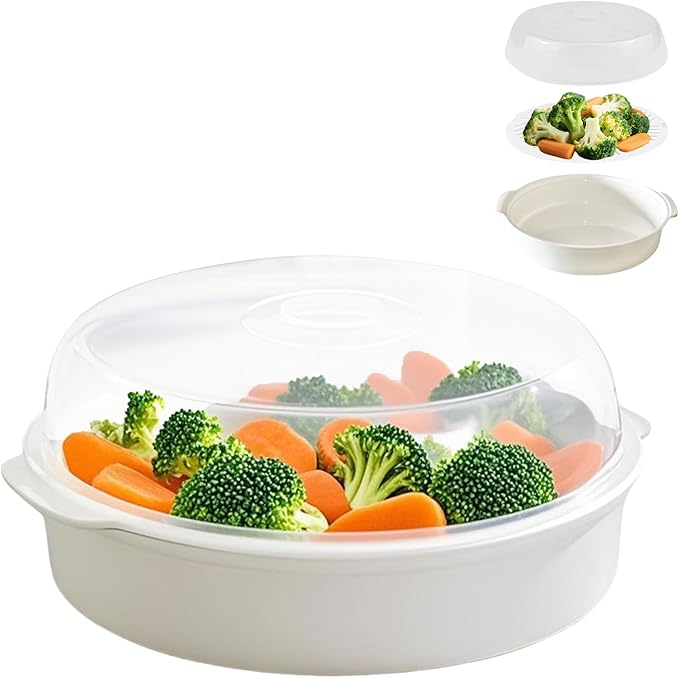 Microwave Steamer for Vegetables, Plastic Microwave Vegetable Steamer with Lid for Vegetables Prep Seafood Fish Cooking, White-Round, 10Inch