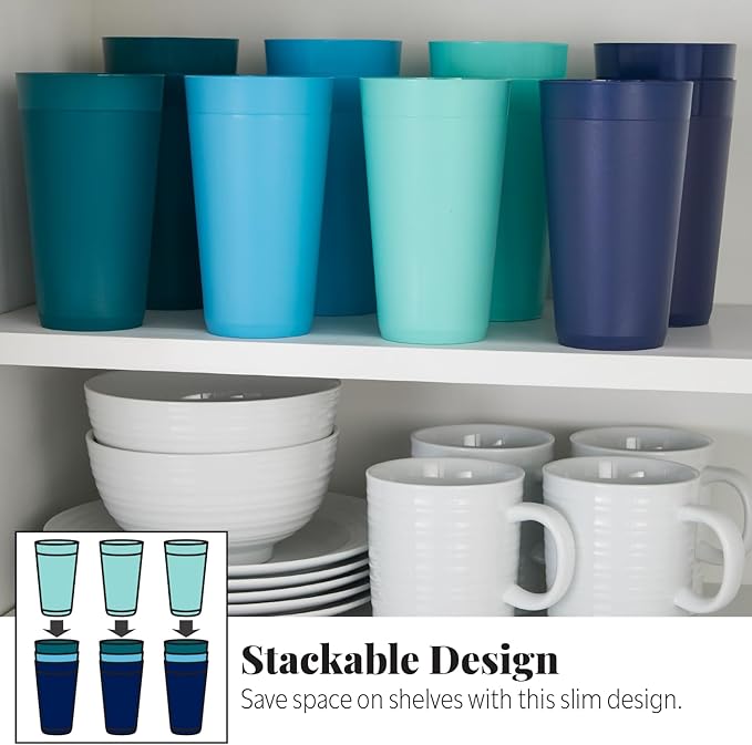 US Acrylic Newport 20 ounce Unbreakable Plastic Stackable Water Tumblers in 4 Coastal Colors | Set of 12 Drinking Cups | Reusable, BPA-free, Made in the USA, Top-rack Dishwasher and Microwave Safe