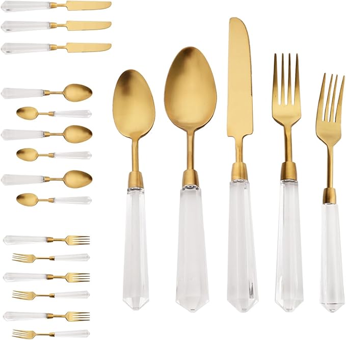 JASHII 20pcs 304 Stainless Steel Gold Flatware Cutlery Set, Matte Finished Knife Fork Spoon Set, Creative Handle,Service for 4, Dishwasher Safe for Home Wedding Hotel