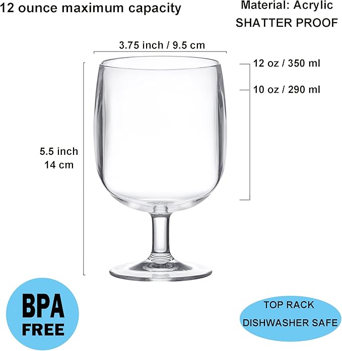 KX-WARE Classic Acrylic All-Purpose Wine Glasses, 12-ounce Plastic Stem Wine Glasses, set of 8 Clear