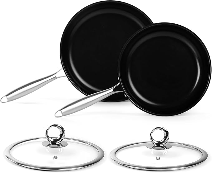 Stainless Steel Frying Pan Set, Titanium Ceramic 10” and 12” Non Stick Frying Pan Skillet Set with Lids, No Toxic Nonstick Egg Omelet Cooking Pan Set, Induction Compatible, PFAS&PTFE Free