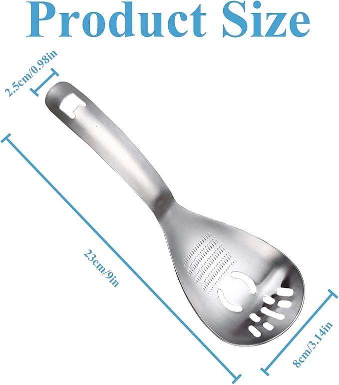 Slotted Spoon,304 Stainless Steel Multi-Functions Cooking Skimmer,Spaghetti Pasta Server Spoon,Ginger Crusher,Potato Press Tool,Egg Separator, Disher Scoop for Kitchen Utensil (Style B)