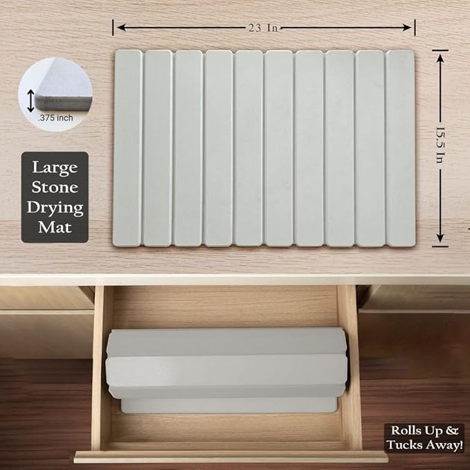 Large Stone Drying Mat for Kitchen Counter | Premium Diatomaceous Earth Coaster Set for Dishes | Non-Slip Kitchen Sink Mat | Fast-Absorbing, Eco-Friendly | 23" x 15.5" (Modern Grey)